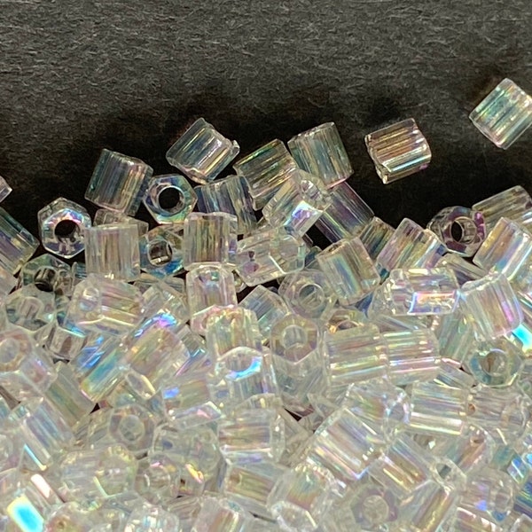 Hex #11 Clear Seed Beads, Opalescent 2 cut beads size 11, clear pearl coating by Miyuki, 2 cut clear seed bead, Embellishment for clothing