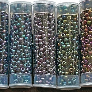 Set of Metallic #8 seed beads, Toho metallic seed beads, shiny multi coloured seed beads, seed beads in vials, reflective set