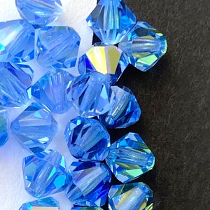 Light Sapphire Crystal Bicone beads with AB coating, Czech Preciosa blue rainbow bicone beads, Light blue rainbow beads, pyramid beads