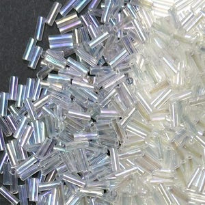Clear Rainbow bugle bead, iridescent bugle, 6mm by 2mm twisted bugle, Preciosa bugle beads, long iridescent beads, bugle bead