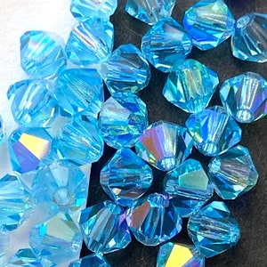 Aquamarine blue Bicone faceted beads, rainbow coating, Czech Preciosa crystal blue beads, AB coating, bicone for jewelry, bicone crystals