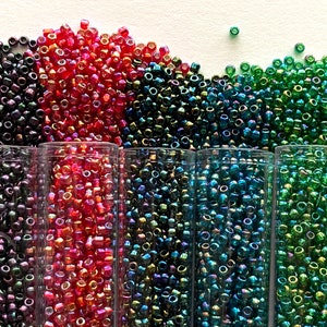 Set of Jewel tone #11 seed beads, Japanese tiny seed beads with rainbow coating, shiny multi coloured seed beads, seed beads in vials,