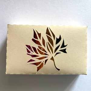May include: A beige box with a cut-out design of a maple leaf in shades of pink, orange, brown, and green.
