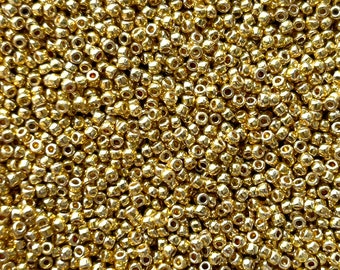 Gold #15 opaque galvanized starlight, perma finish galvanized seed bead, #15 Toho tiny gold glass seed beads, tiny gold Japanese beads