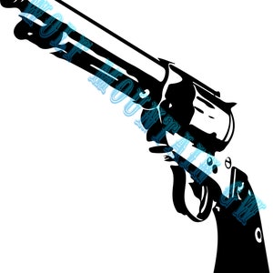 May include: A black and white silhouette of a revolver pistol with a long barrel.
