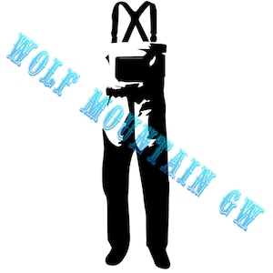May include: Black and white silhouette of a pair of waders with suspenders.