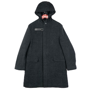 May include: A dark grey hooded coat with a button closure and two front pockets. The coat has a leather strap detail near the collar and a hood. The coat is hanging on a hanger.