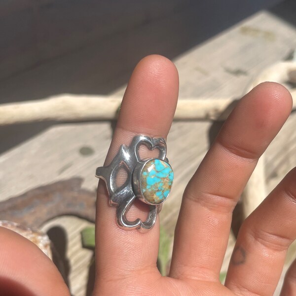 Carol and Wilson Begay Navajo Sandcast Turquoise Ring Size 9 1/4