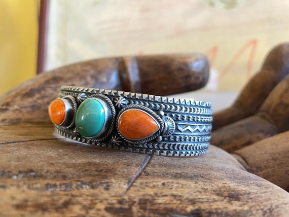 Heavy Spiny Oyster Forest Turquoise Navajo Sterling Native American Jewelry Silver Bracelet Heavy Spiny Oyster Forest Turquoise Navajo Sterling Native American Jewelry Silver Bracelet