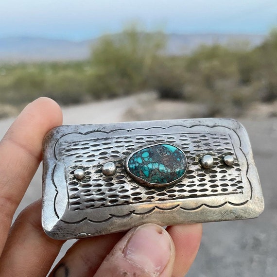 NHand Tooled Vintage Navajo Turquoise Sterling Silver Buckle Old NHand Tooled Vintage Navajo Turquoise Sterling Silver Buckle Old