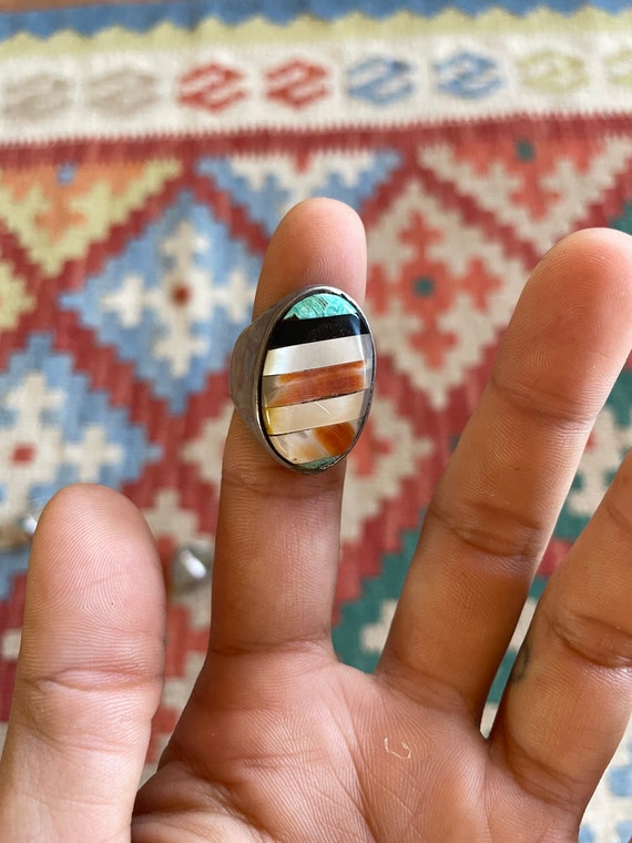 Navajo Old Pawn Inlay Ring Size 8 1/2 - image 2