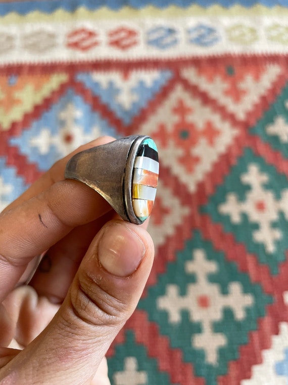 Navajo Old Pawn Inlay Ring Size 8 1/2 - image 3