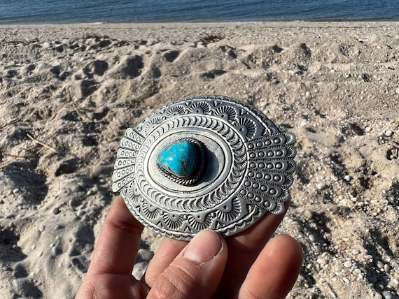 Myron Etsitty Vintage Native American Navajo Turquoise Sterling Silver Cluster Bracelet Myron Etsitty Vintage Native American Navajo Turquoise Sterling Silver Cluster Bracelet