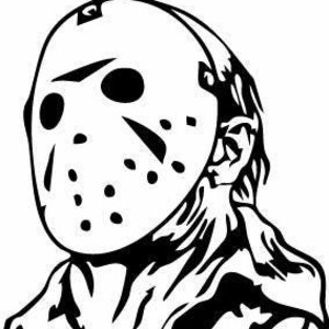 Op de afbeelding: Zwart-witte illustratie van een persoon met een hockeymasker. Het masker heeft een eenvoudig ontwerp met een paar gaten en een band.