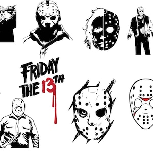 Op de afbeelding: Een verzameling van 13 zwart-wit illustraties met de iconische hockeymaskers uit de horrorfranchise Vrijdag de 13e. De illustraties bevatten verschillende afbeeldingen van de moordenaar, Jason Voorhees, waaronder zijn masker, zijn silhouet en zijn gezicht. De tekst "Vrijdag de 13e" is ook opgenomen in een van de illustraties.