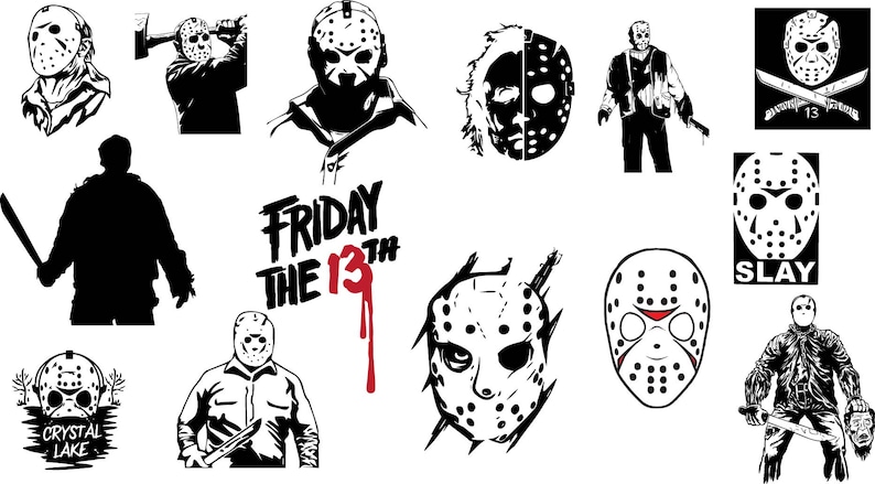 Op de afbeelding: Een verzameling van 13 zwart-wit illustraties met de iconische hockeymaskers uit de horrorfranchise Vrijdag de 13e. De illustraties bevatten verschillende afbeeldingen van de moordenaar, Jason Voorhees, waaronder zijn masker, zijn silhouet en zijn gezicht. De tekst "Vrijdag de 13e" is ook opgenomen in een van de illustraties.