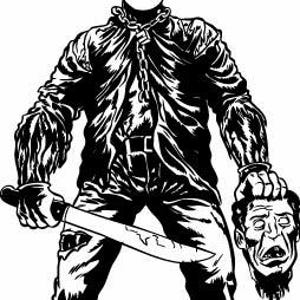 Op de afbeelding: Een zwart-witte illustratie van een gemaskerd figuur dat een mes en een afgehakt hoofd vasthoudt. De figuur draagt een zwart leren jack en een spijkerbroek. Het hoofd draagt een wit shirt.