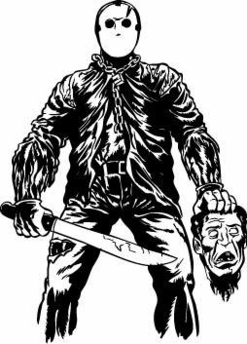 Op de afbeelding: Een zwart-witte illustratie van een gemaskerd figuur dat een mes en een afgehakt hoofd vasthoudt. De figuur draagt een zwart leren jack en een spijkerbroek. Het hoofd draagt een wit shirt.