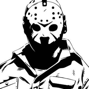 Op de afbeelding: Zwart-witte illustratie van een persoon met een hockeymasker. De persoon draagt een jas met een knoopsluiting.