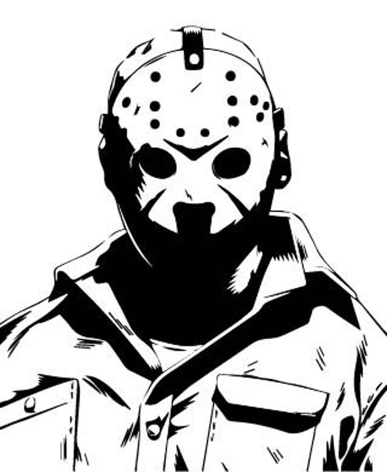 Op de afbeelding: Zwart-witte illustratie van een persoon met een hockeymasker. De persoon draagt een jas met een knoopsluiting.