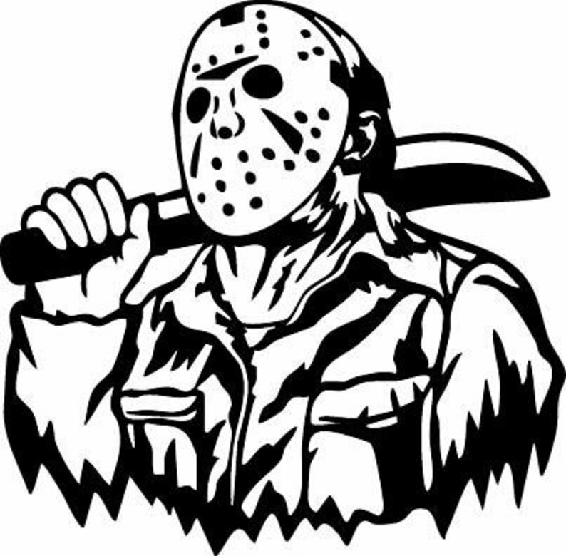 Op de afbeelding: Zwart-witte illustratie van een personage met een hockeymasker dat een groot mes vasthoudt. Het personage draagt ​​een jas met een rits en een capuchon.