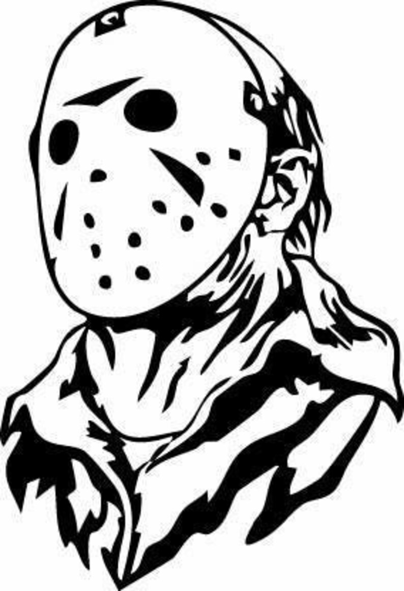 Op de afbeelding: Zwart-witte illustratie van een persoon met een hockeymasker. Het masker heeft een eenvoudig ontwerp met een paar gaten en een band.