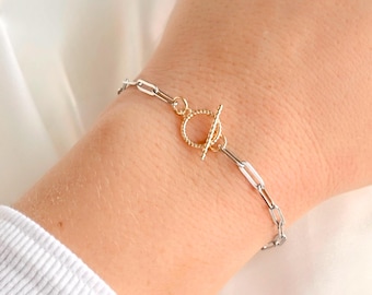 Paperclip Chain Bracelet - 10k Gold Toggle Clasp, Two-Tone Link