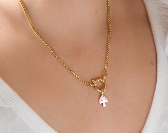 Gold Sailor Clasp Mushroom Necklace - Stainless Steel Curb Chain