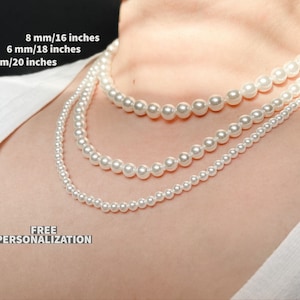 Pearl Necklace - 4 mm 6 mm 8 mm Pearl Choker for Women - Round Shell Pearl Necklace for Men - Dainty Pearl Choker - Gift for Her 0358