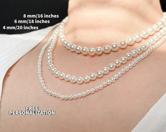 Pearl Necklace - 4 mm 6 mm 8 mm Pearl Choker for Women - Round Shell Pearl Necklace for Men - Dainty Pearl Choker - Gift for Her 0358