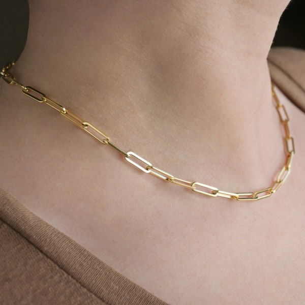 18k Gold Paperclip Necklace - Waterproof Link Chain Necklace - Tarnish Free Layering Chain - Bold Paperclip Choker - Rectangle Chain 0475