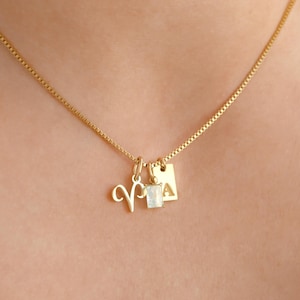 Personalized Charm Necklace - Zodiac Birthstone and Initial Pendant - Waterproof Stainless Steel