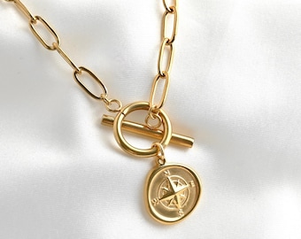 Paperclip Compass Necklace - Toggle Clasp Engravable Compass Medallion - Waterproof Stainless Steel