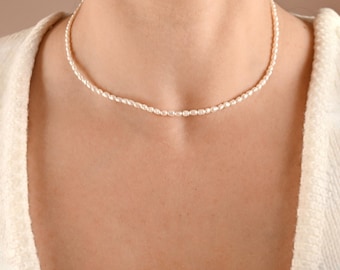 Dainty Pearl Necklace - 3mm Freshwater Rice Pearls & Toggle Clasp - Waterproof Stainless Steel