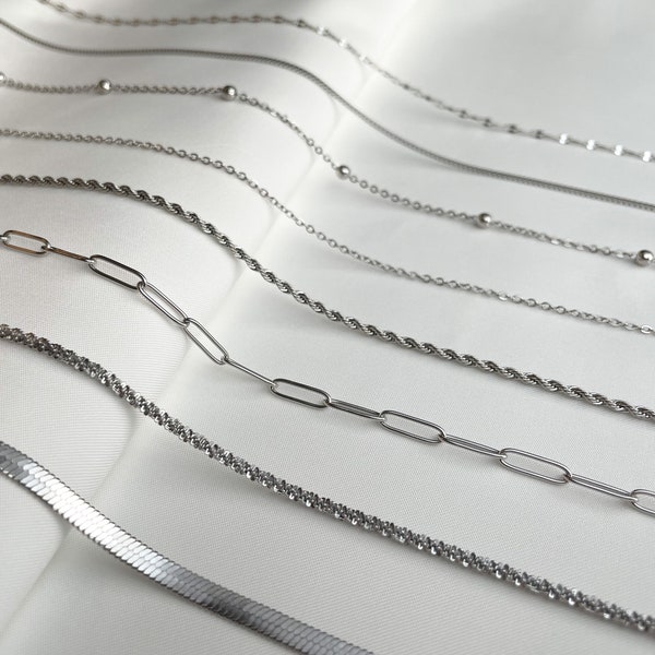 Dainty Silver Chain Necklaces - Anti-tarnish Stainless Steel Minimalist Chain Necklaces - Waterproof Layering Mix and Match Chains