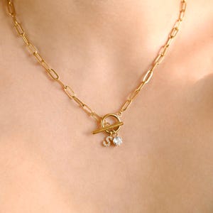 Paperclip Toggle Necklace - Birthstone and Initial Necklace - Personalized Link Chain Necklace - Waterproof Gold Toggle Charm Necklace