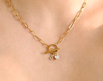 Birthstone & Initial Toggle Necklace - Waterproof 18k Gold PVD Paperclip Chain