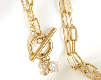 Birthstone & Initial Toggle Necklace - Waterproof 18k Gold PVD Paperclip Chain