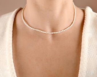 Dainty Pearl Necklace - 3mm Freshwater Rice Pearls & Toggle Clasp - Waterproof Stainless Steel