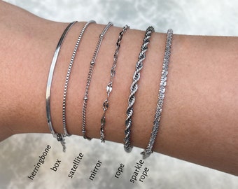 Dainty Silver Minimalist Bracelets - Waterproof Bracelets - Herringbone Rope Satellite Box Mirror Sequin Rope Chain Bridesmaid Gifts