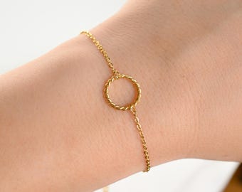Gold Twisted Circle Bracelet - Waterproof Stainless Steel, Minimalist Layering