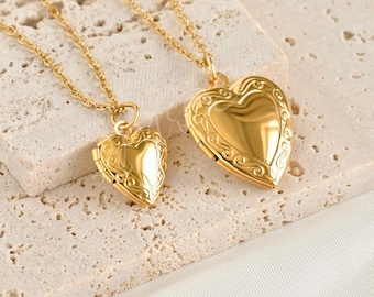 Engraved Heart Necklace - Tarnish-free Gold Photo Locket