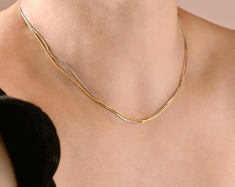 Two-tone Snake Chain Necklace - Layered Set - Waterproof Stainless Steel