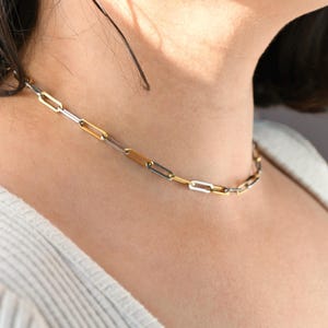 Two-Tone Paperclip Chain Necklace - Stainless Steel Layering Chain