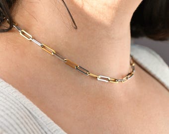 Two-Tone Paperclip Chain Necklace - Stainless Steel Thick Layering Chain