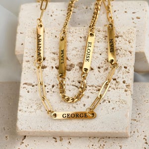 Engraved Name Necklace - Waterproof Multiple Name Bar Necklace - Personalized Family Necklace - Custom 18k Gold Name Plate Paperclip Choker