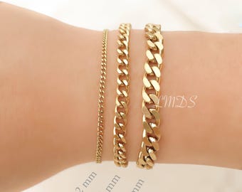 Curb Chain Bracelet - Waterproof Chunky Curby Bracelet - Dainty Curb Link Bracelet - 2 mm 5 mm 7 mm Custom Gold Bracelet - Gift for Her