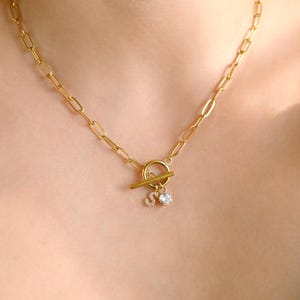 Paperclip Toggle Necklace - Birthstone and Initial Necklace - Personalized Link Chain Necklace - Waterproof Gold Toggle Charm Necklace