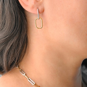 Boucles d'oreilles bicolores à maillons en forme de U - Créoles trombone en or vermeil 18 carats