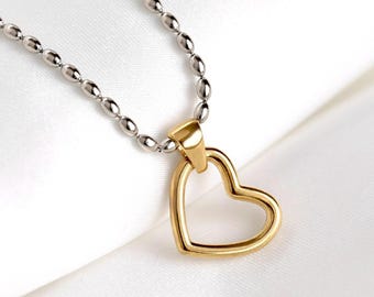 Two-tone Heart Necklace – Mixed Metal Pendant, Stainless Steel Chain